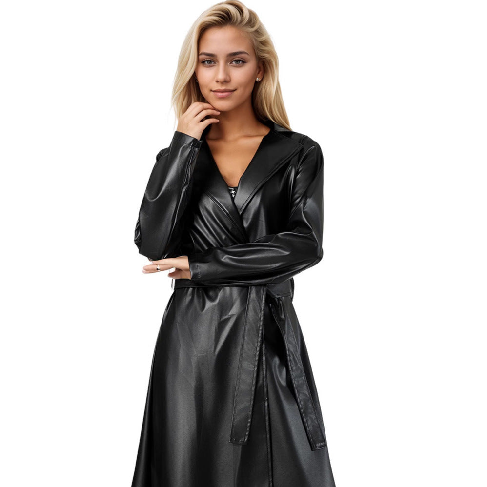 Damen Eleganter Kunstleder-Trenchcoat EB