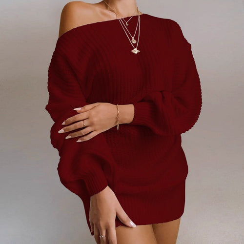 Damen Strickpullover Kleid mit off-shoulder Ausschnitt und voluminösen Ärmeln EB