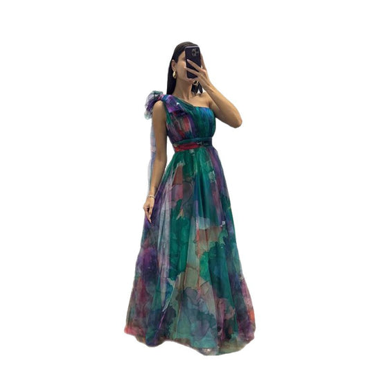 Damen Festliches Maxikleid mit transparenten Chiffon-Überlagern und zartem Rüschendesign EB