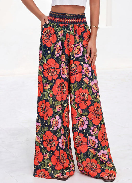Damen luftige Palazzo-Hose mit floralen Mustern und elastischem Bund EB
