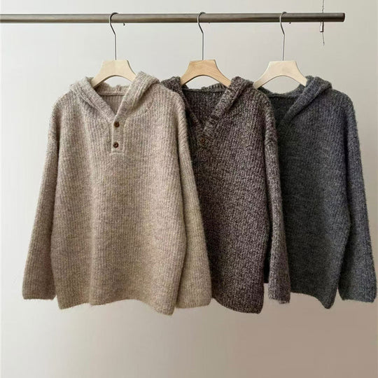Damen bequemer Strickpullover mit Knopfleiste und Kapuze EB