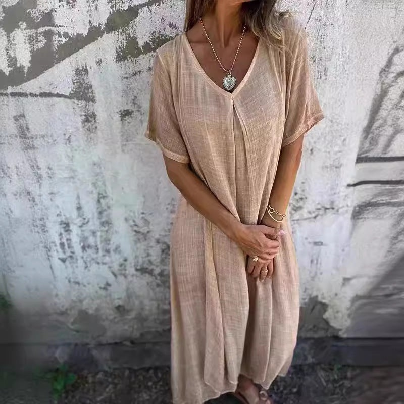 Damen Luftiges Leinenmaxikleid mit V-Ausschnitt und weit schwingendem Saum EB
