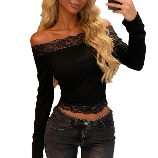 Damen elegantes Off-Shoulder Shirt mit Spitzenbesatz EB