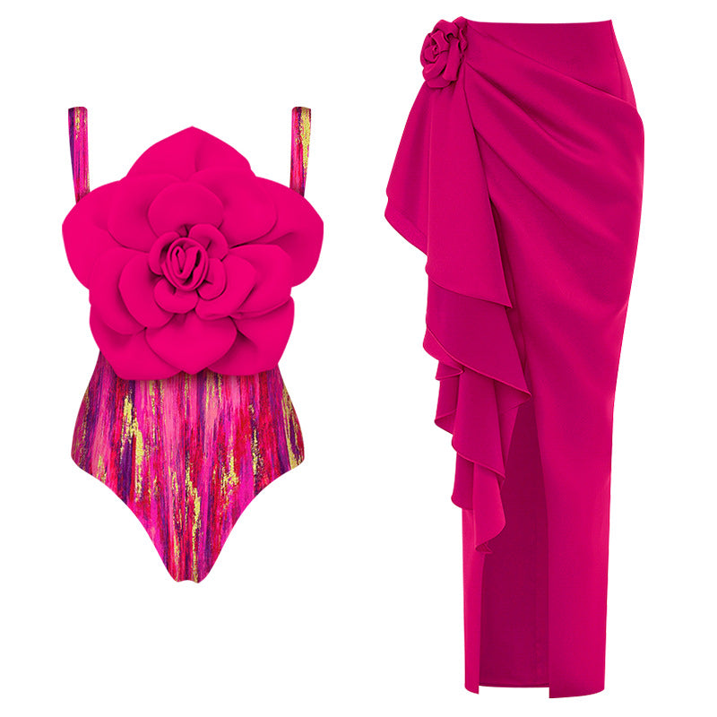 Damen Badeanzug mit floralem Volumen und passendem Wickelrock EB