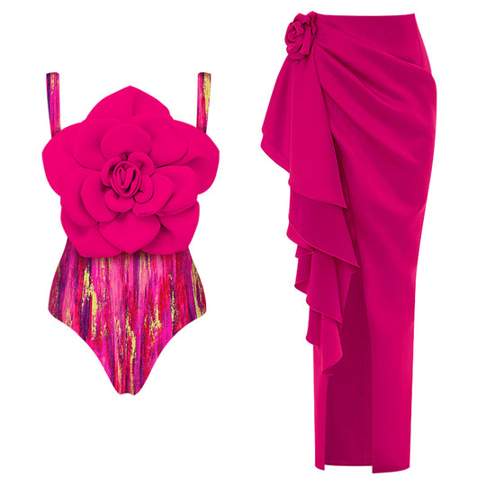 Damen Badeanzug mit floralem Volumen und passendem Wickelrock EB