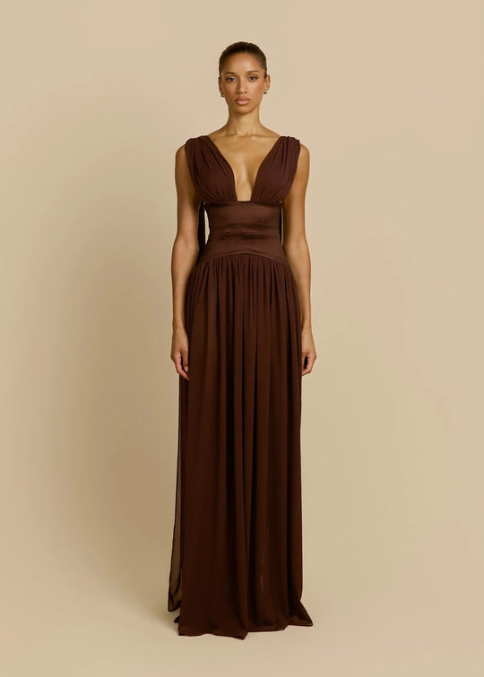 Damen Elegantes Langarm-Maxikleid mit tiefem V-Ausschnitt EB