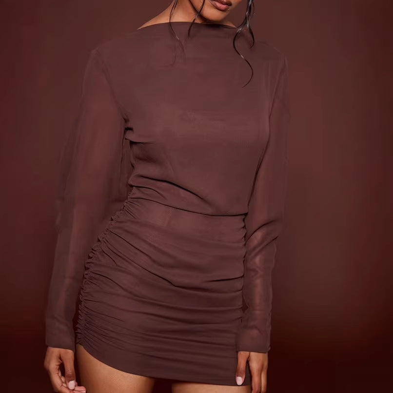 Damen Figurbetontes Minikleid mit geraffter Hüftpartie und transparenten Chiffonärmeln EB
