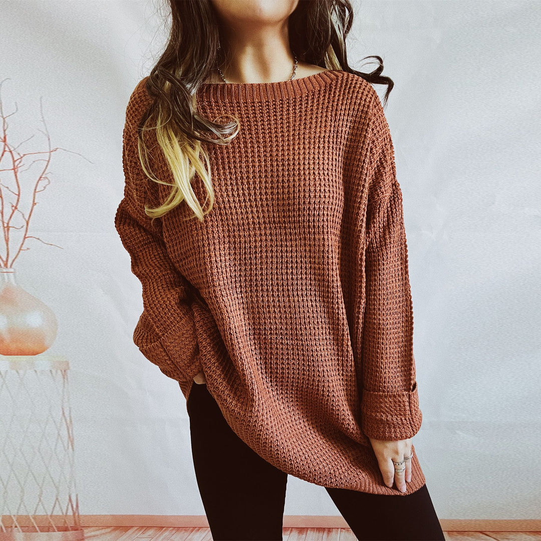 Damen lässiger Strickpullover mit weitem Schnitt und offenem Rückendesign EB