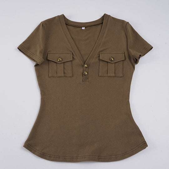 Damen Kurzarmshirt mit Knopfdetails und seitlichen Taschen EB
