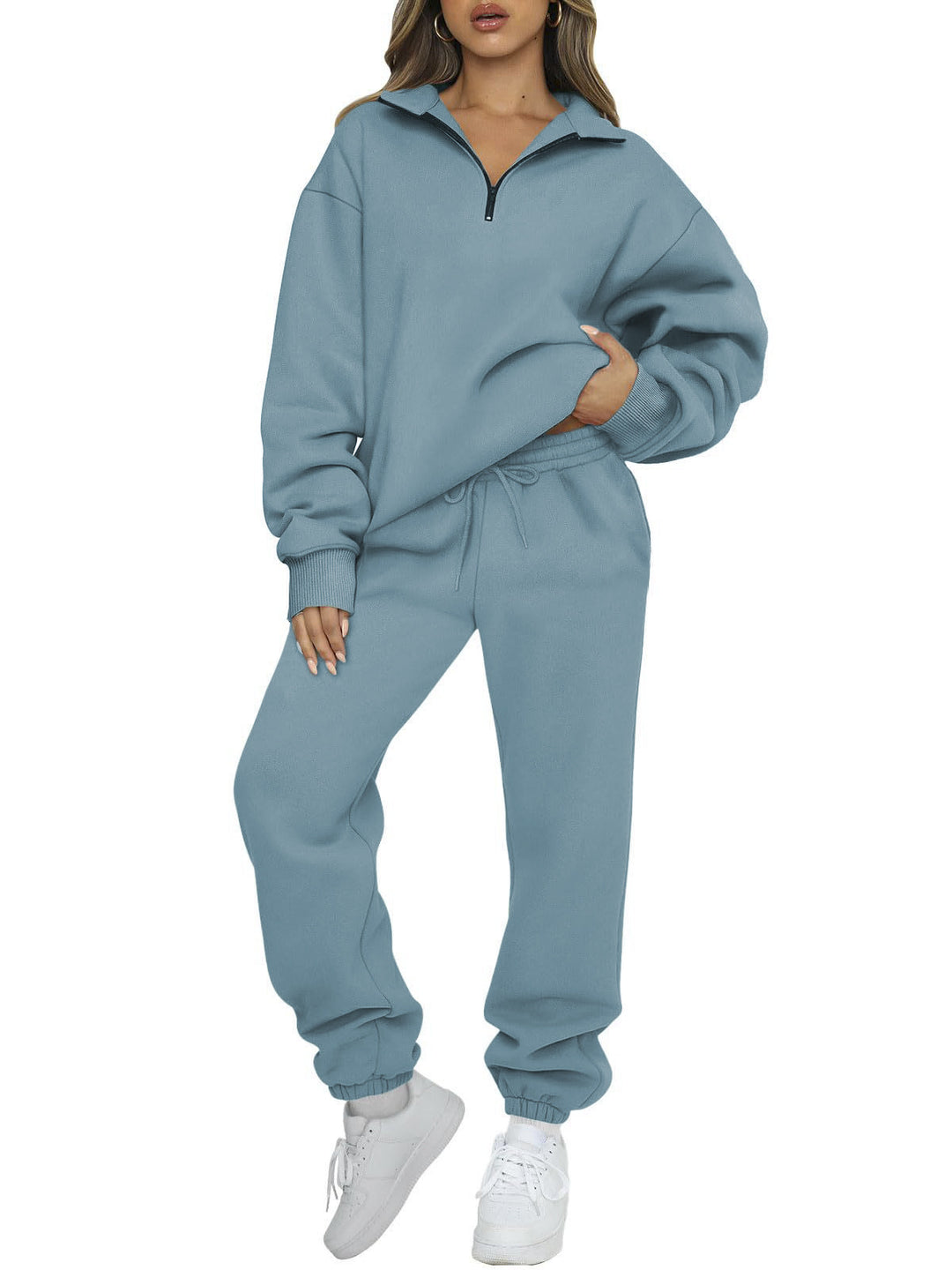 Damen nan Halbzip-Loungewear-Set mit übergroßem Kragenpullover und taillierter Jogginghose mit elastischem Bund EB