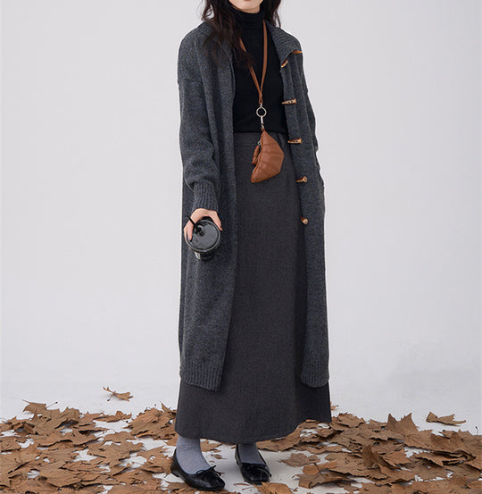 Damen langer Strickmantel mit Knöpfen und praktischen Taschen EB