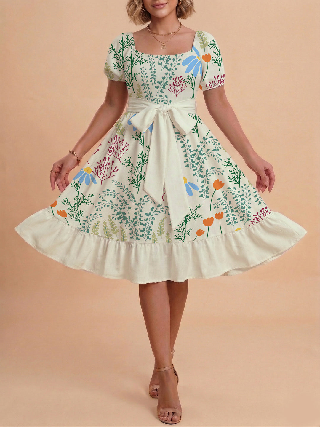 Damen modernes Blumenkleid mit elegantem Taillengürtel und asymmetrischem Saum EB