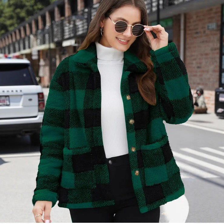 Damen nan gefütterte Karo Teddy-Fleece Shacket mit Knopfleiste und aufgesetzten Taschen EB