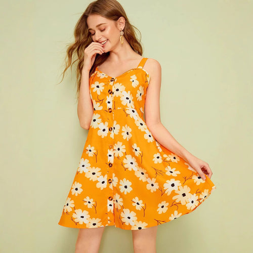 Damen Sommerkleid mit Blumenmuster und Knopfleiste EB
