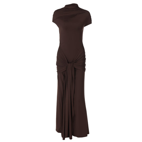 Damen Elegantes Langarm-Maxikleid mit raffiniertem Knotendesign EB