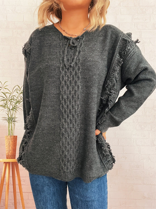 Damen Oversize-Strickpullover mit verspieltem Fransen-Design und Zopfmuster EB