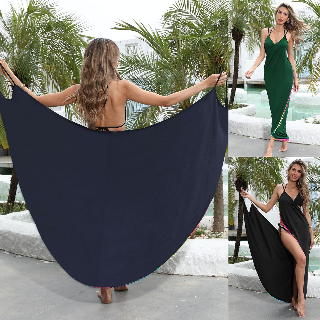 Damen elegantes Maxikleid mit buntem Pompom-Rand EB