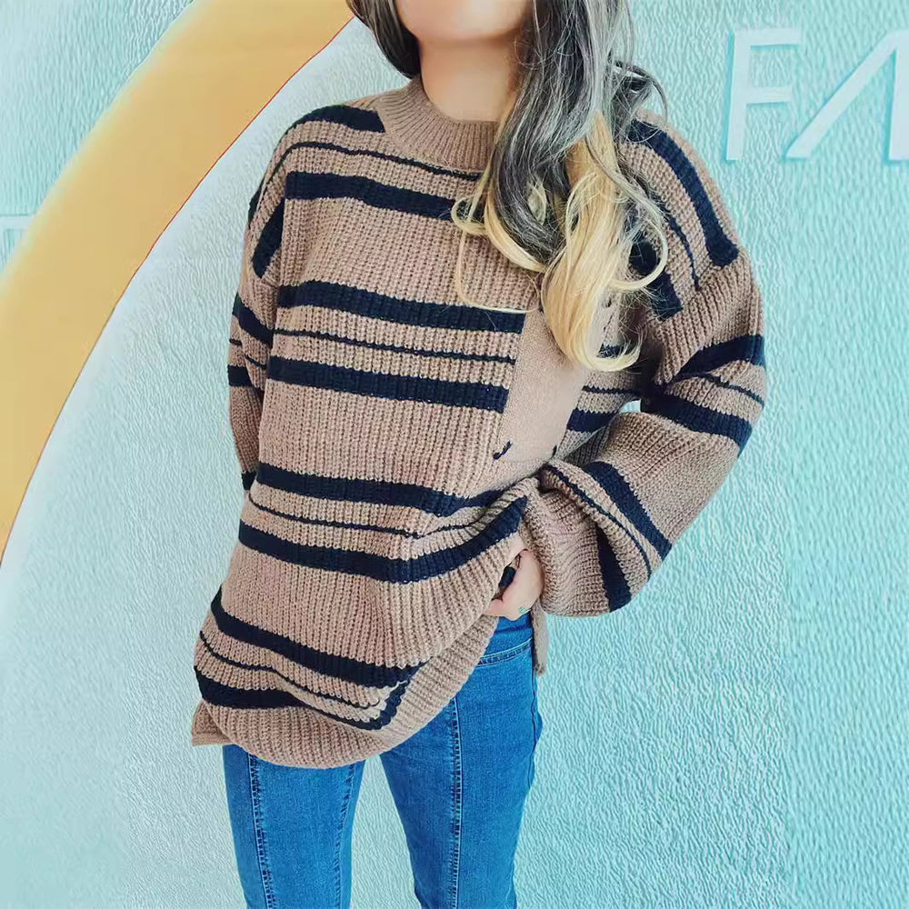 Damen lässiger Strickpullover mit modernem Streifenmuster EB