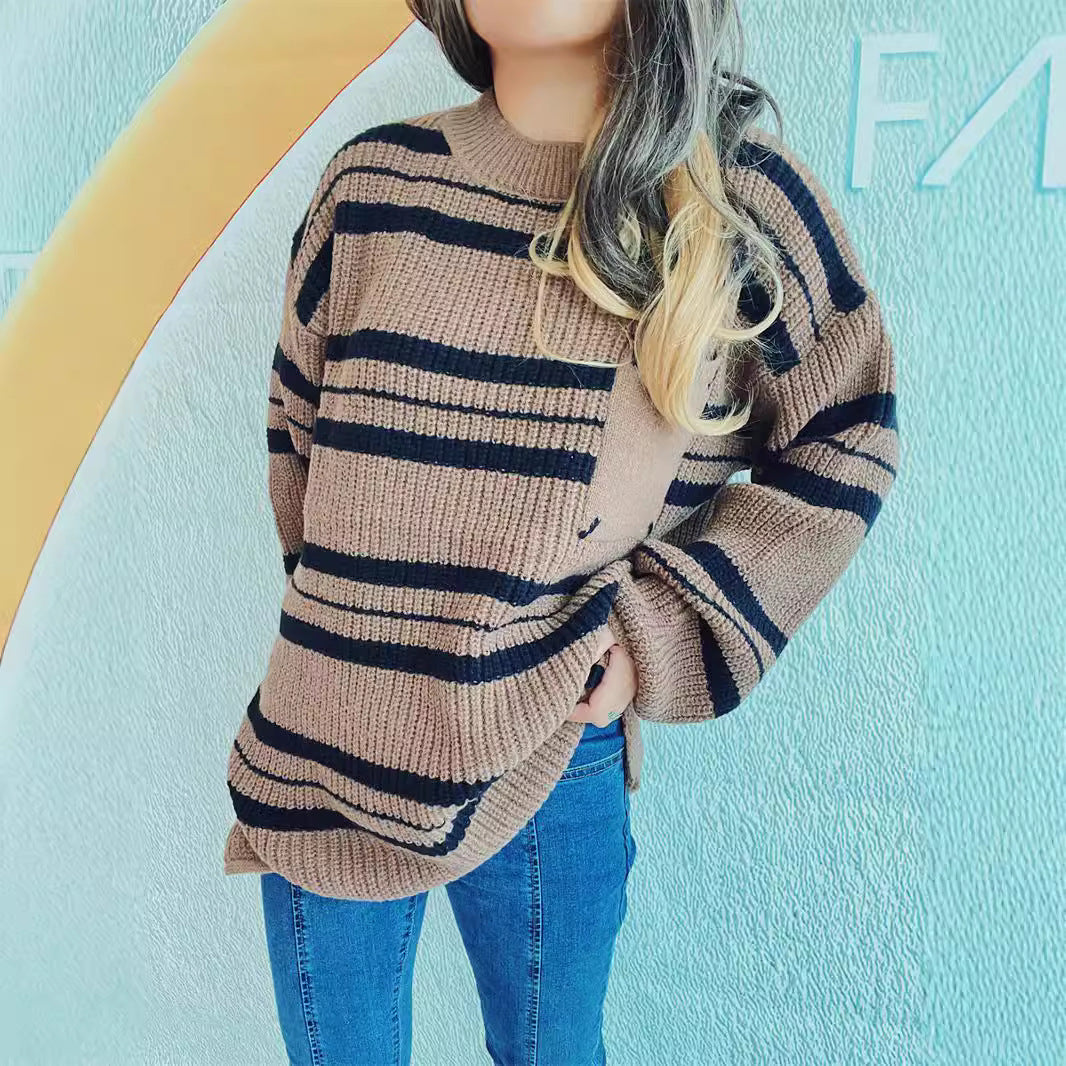 Damen lässiger Strickpullover mit modernem Streifenmuster EB
