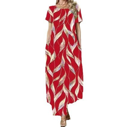 Damen Maxikleid mit elegantem Blattmuster und praktischen Taschen EB