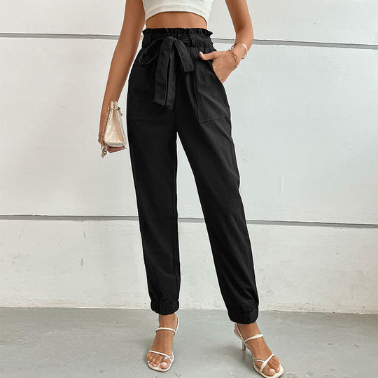 Damen lässige Stoffhose mit elastischem Bund und Bindegürtel EB