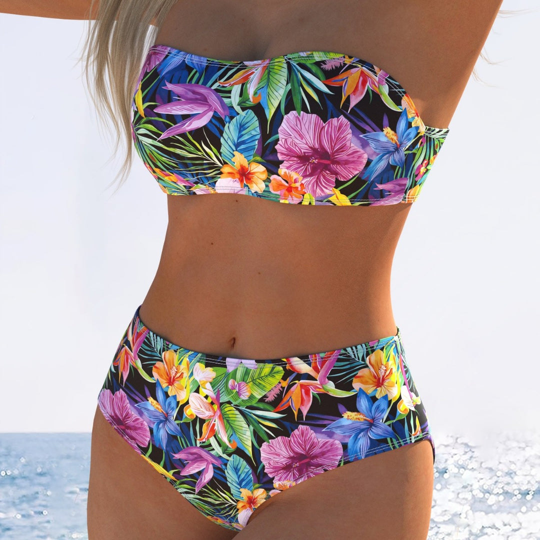 Damen Bandeau-Bikini mit hohem Taillenschnitt und buntem Tropenmotiv EB