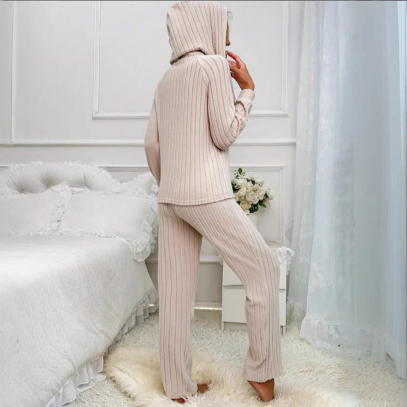 Damen Gemütlicher Strickanzug mit Kapuze und Knopfleiste EB
