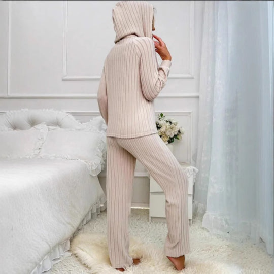 Damen Gemütlicher Strickanzug mit Kapuze und Knopfleiste EB