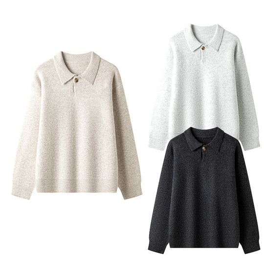 Damen eleganter Strickpullover mit Polokragen und Knopf EB
