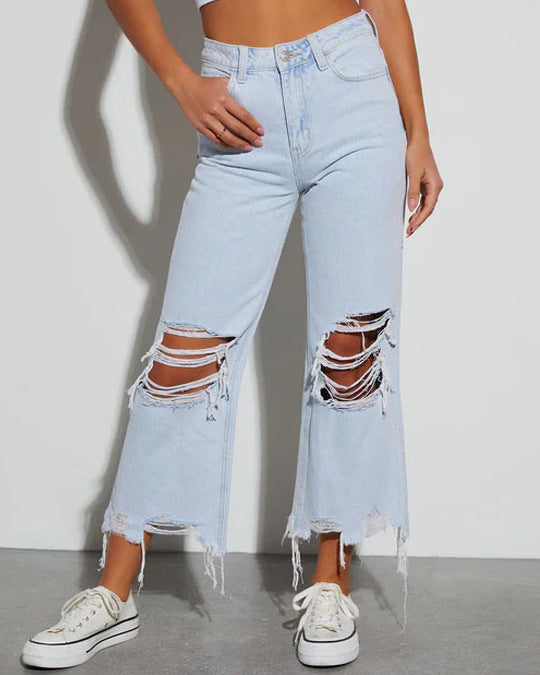 Damen Mom Jeans mit ausgefranstem Saum und Rippen-Details EB
