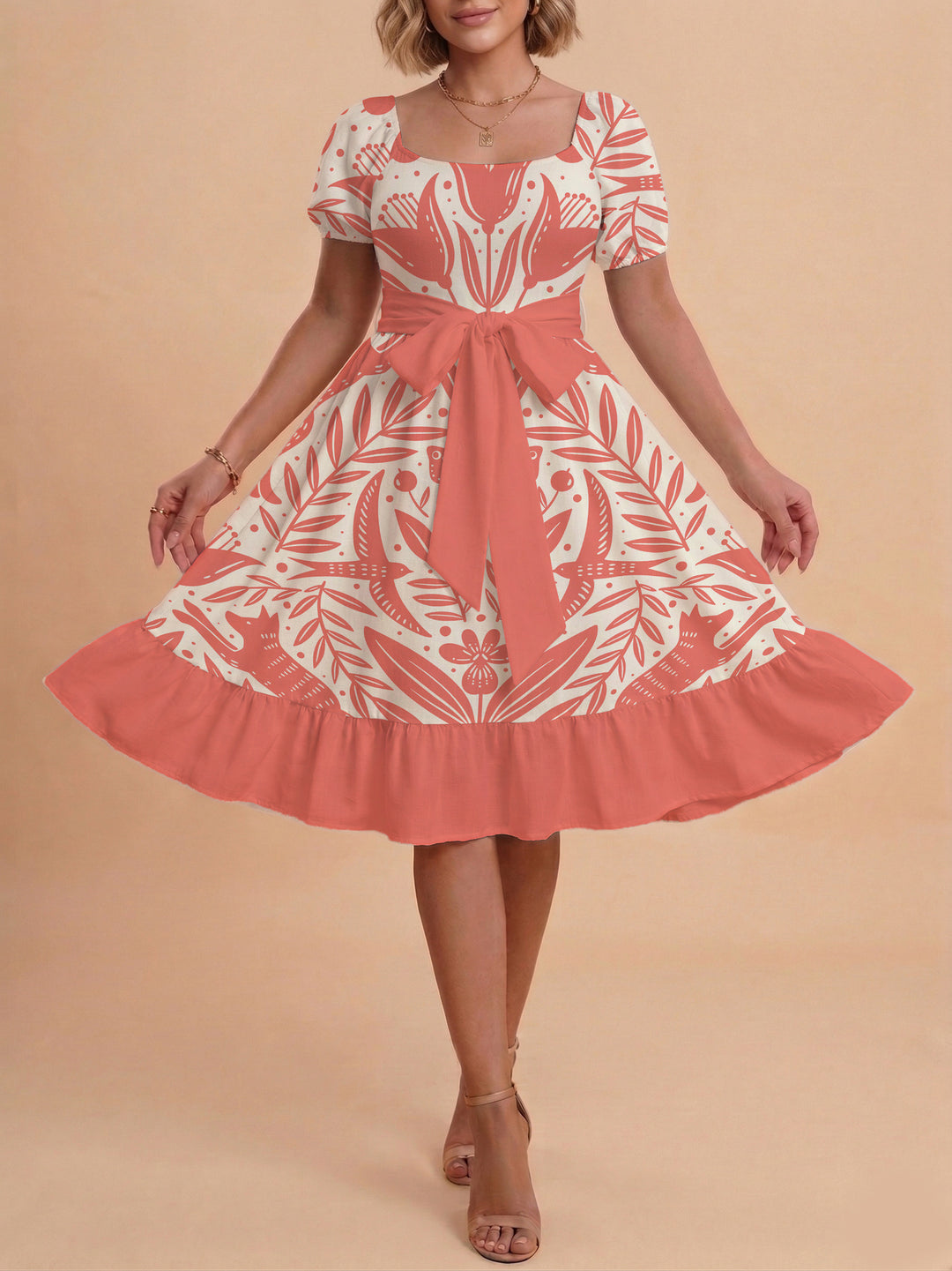 Damen Sommerkleid mit floralem Puffärmel und taillierbarem Gürtel EB