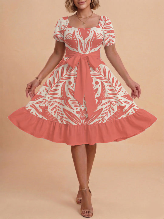 Damen Sommerkleid mit floralem Puffärmel und taillierbarem Gürtel EB
