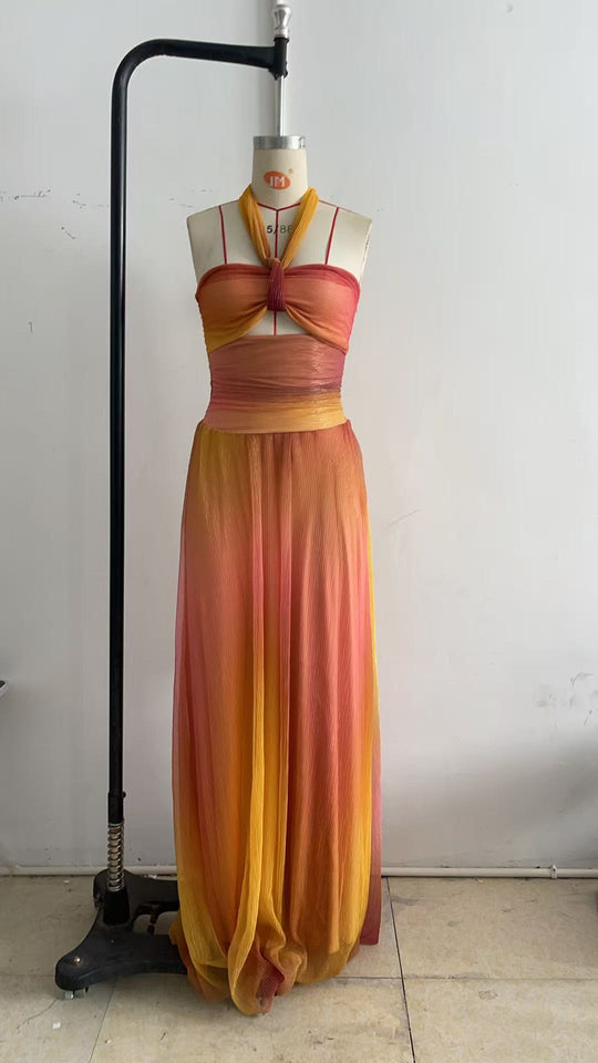 Damen schickes Maxikleid mit geflochtenem Oberteil und fließendem Rock EB