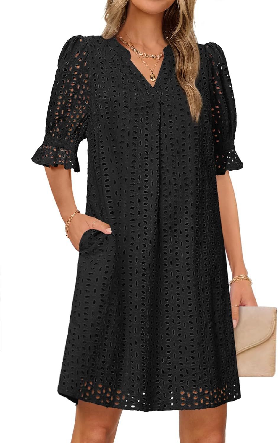Damen luftiges Blumenkleid mit eleganten Lochdetails EB