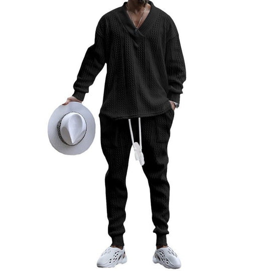Herren nan gestricktes Lounge-Set mit tiefem V‑Ausschnitt, Kordelzug-Jogginghose und Rippbündchen EB