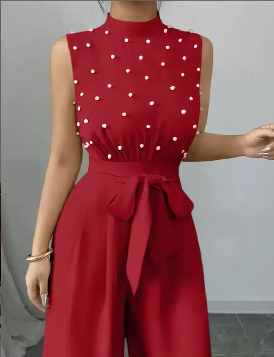 Damen Eleganter Jumpsuit mit Perlenbesatz, Stehkragen und weitem Palazzo-Bein EB