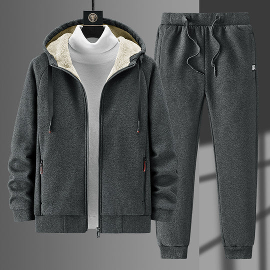 Herren Fleecegefüttertes Zip-Hoodie und Jogginghose Set mit Teddyfutter EB