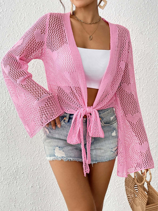 Damen luftiger Strick-Kimono mit offener Front und Kordelzug EB