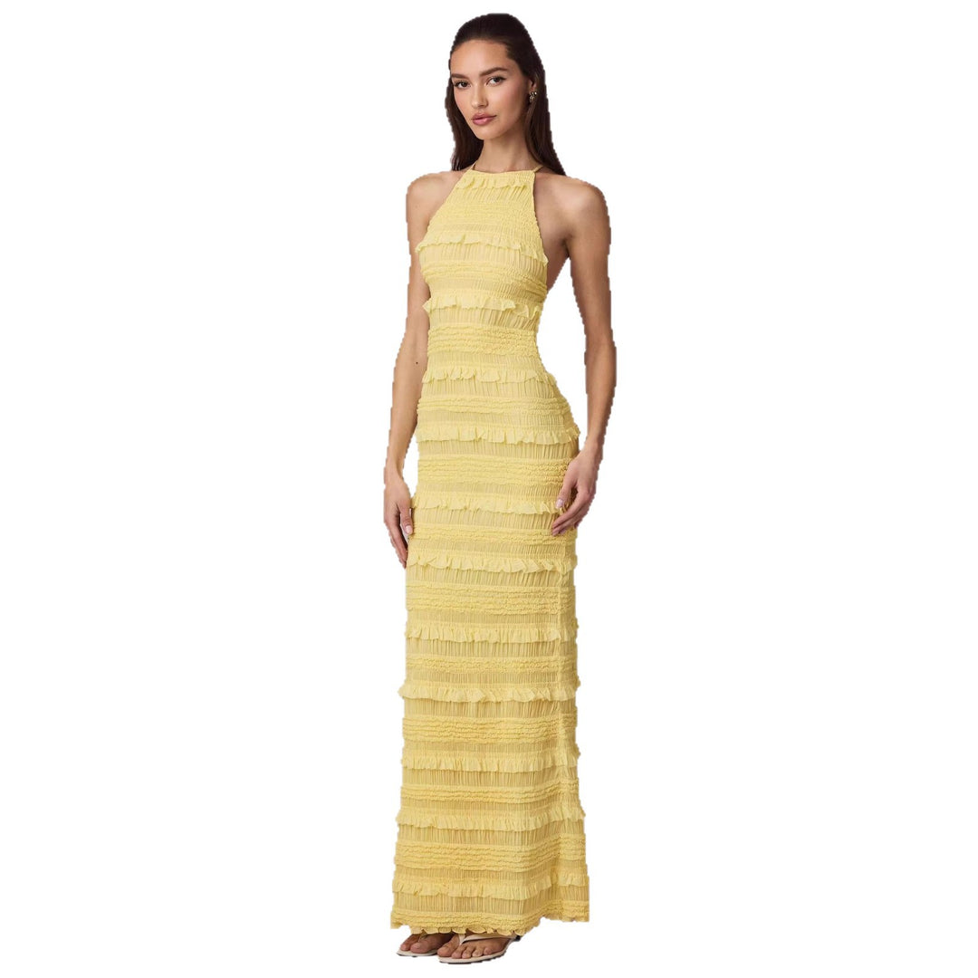 Damen Maxi-Kleid mit fransendem Design und elegantem Halterneck EB