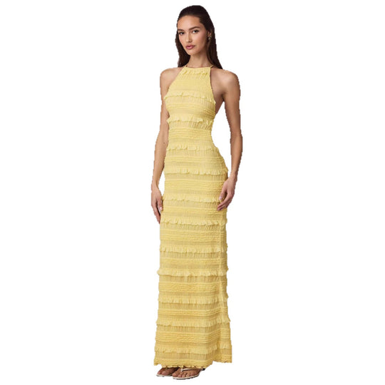 Damen Maxi-Kleid mit fransendem Design und elegantem Halterneck EB