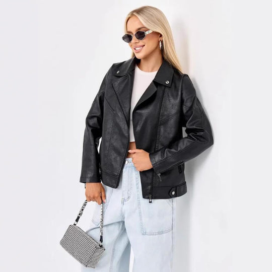 Damen hochwertige Kunstlederjacke im Biker-Stil mit asymmetrischem Reißverschluss EB