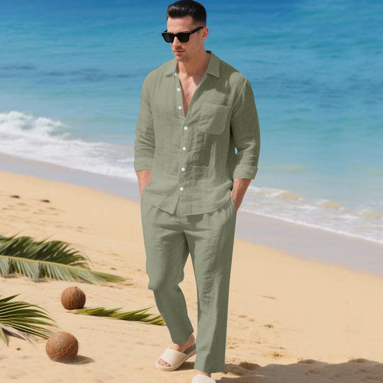 Herren leichtes Leinen-Outfit mit stilvollem Hemd und eleganter Hose EB