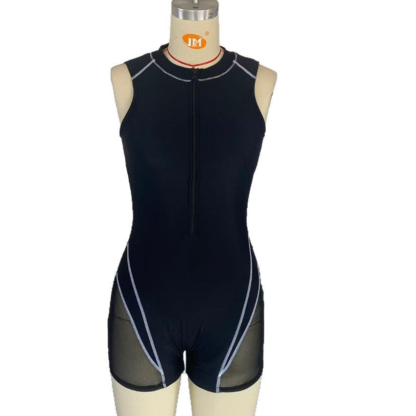 Damen Sportlicher Schwimmanzug mit halblangem Reißverschluss und transparenten Einsätzen EB