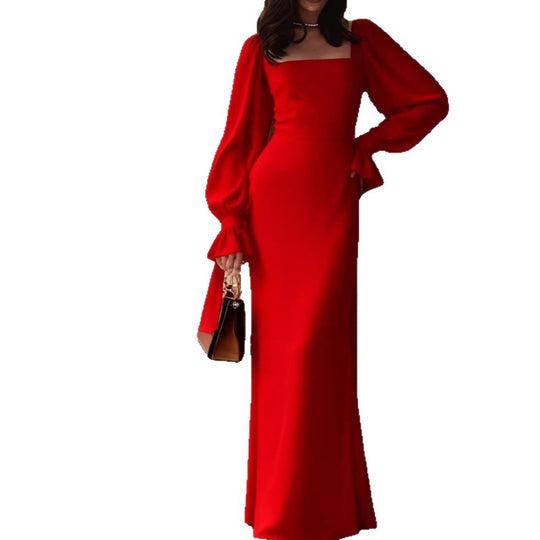 Damen elegantes Maxikleid mit Puffärmeln und quadratischem Ausschnitt EB