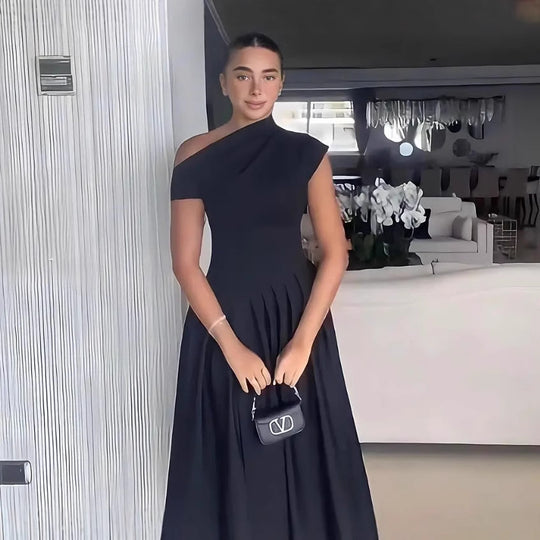 Damen elegantes Maxikleid mit asymmetrischem One-Shoulder-Design und schwingendem Rock EB