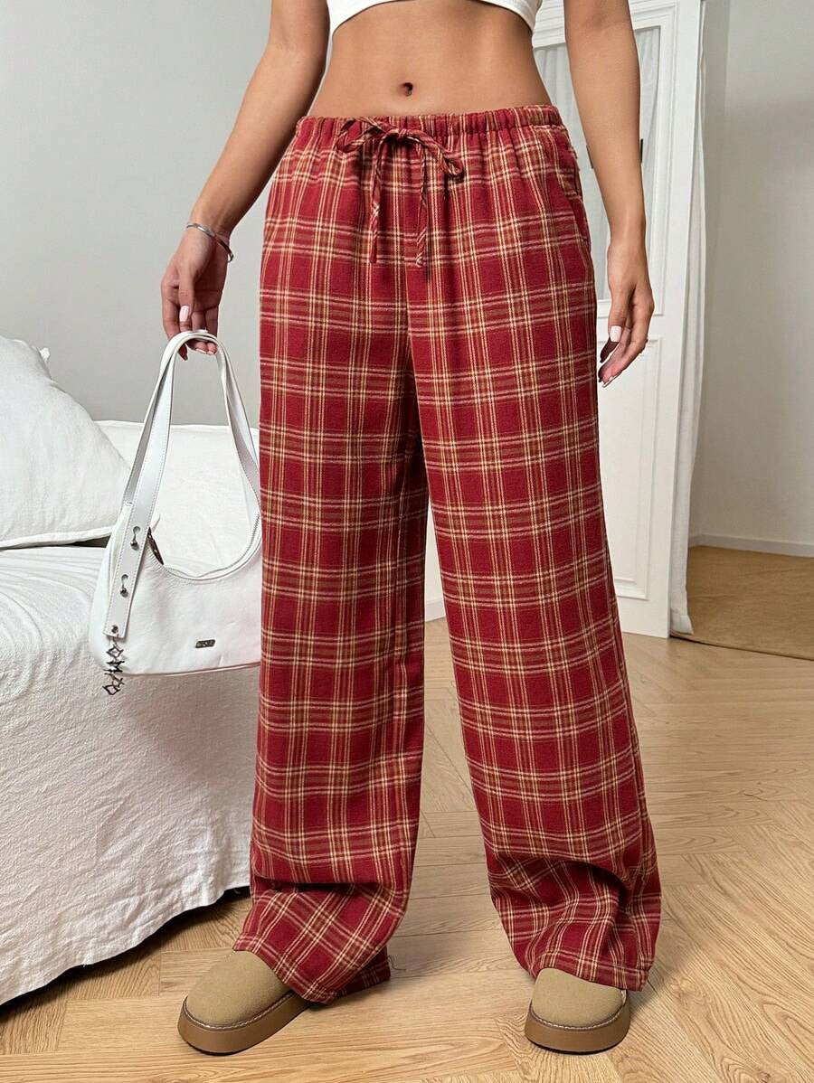 Damen lässige Karohose mit elastischem Bund und Kordelzug EB