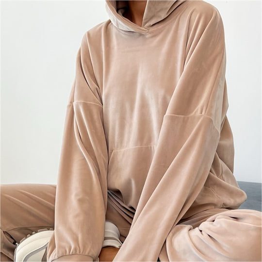 Damen bequemer Velours-Sweatanzug mit Kapuze und elastischem Bund EB