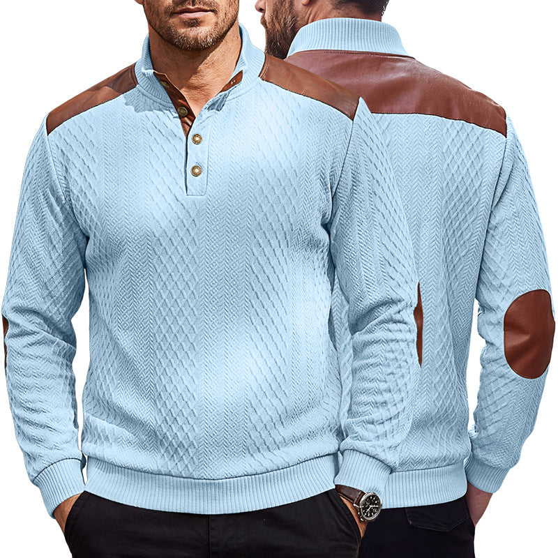 Herren Pullover mit Stehkragen, Zopfmuster und kontrastierenden Lederbesätzen EB