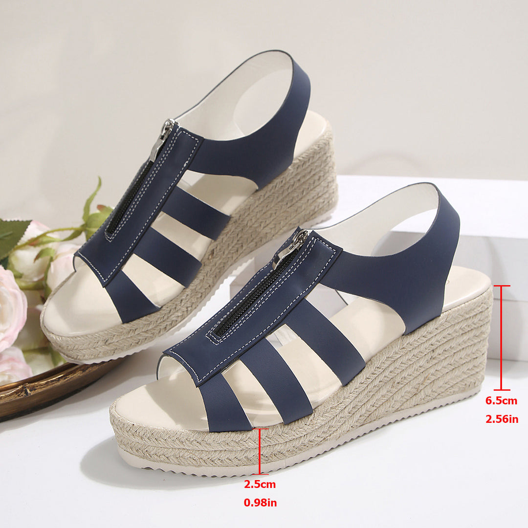 Damen Plateau-Riemchen-Sandalen mit Reißverschluss und geflochtener Sohle EB