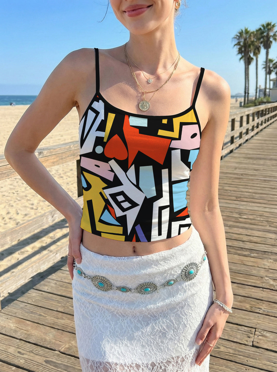 Damen Crop-Top mit floralem Motiv und verstellbaren Trägern EB